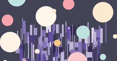 Image of colorful dots flying over geometrical shapes on dark background. party and celebration...