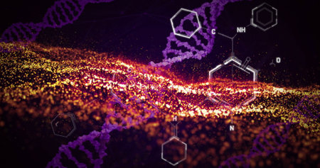 DNA strands and chemical structures image over glowing particles. Science, biology, genetics, molecules, chemistry, laboratoryの写真素材