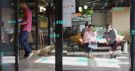 Image of financial data processing over diverse business people in office. Global finance, business,...