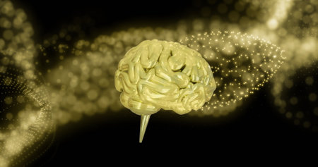 Image of digital brain spinning over yellow spots. Technology, ai and digital interface concept...