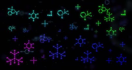Chemical structures and molecular formulas image over dark background. Chemistry, molecules, atoms,...