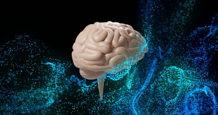 Image of digital brain spinning over blue spots. Technology, ai and digital interface concept...