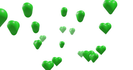Image of green hearts moving on white background. Valentine&#39;s day, love and celebration concept digitally generated image.の写真素材