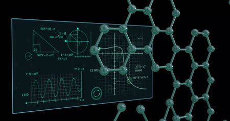 Scientific data and geometric graphs over molecular structure image. Science, technology, research,...