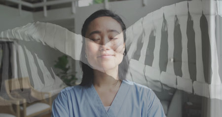 Image of dna strand over asian female doctor. Global science, medicine, healthcare, lifestyle and...