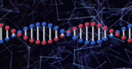 DNA strand and molecular structure image over network of connections. Genetics, biotechnology,...