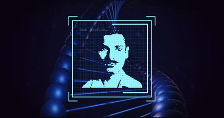 Image of digital biometric photo and dna strand on black background. Global science, research,...