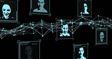 Image of digital biometric photos, data processing and dna strand on black background. Global science, research, connections, computing and data processing concept digitally generated image.の写真素材