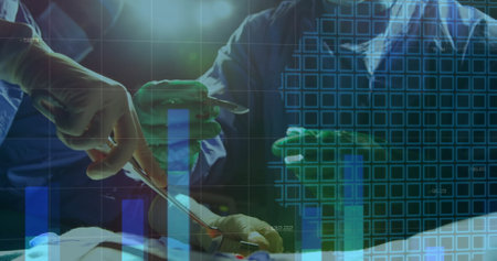 Image of financial data processing over diverse surgeons. Global medicine, business, finance, connections, computing and data processing concept digitally generated image.の写真素材