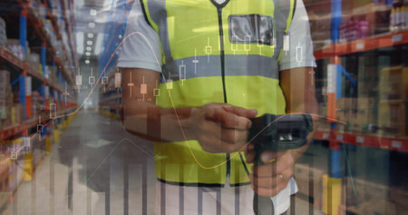 Image of financial data processing and worker in warehouse. Global finances, delivery, shipping, computing and digital interface concept digitally generated image.の写真素材