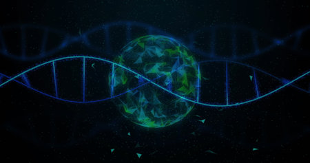 Image of scientific data processing over globe and dna strand on dark background. Global science, connections, computing and data processing concept digitally generated image.の写真素材