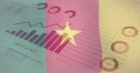 Collecting data and binary coding image over flag of Cameroon. Technology, binary code, America, stars and stripes, information, digitalの写真素材