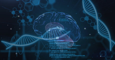 Image of scientific data processing over human brain and dna strands on dark background. Global...