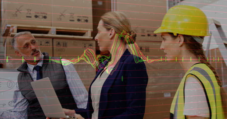 Image of financial data processing and diverse workers in warehouse. Global finances, delivery, shipping, computing and digital interface concept digitally generated image.の写真素材