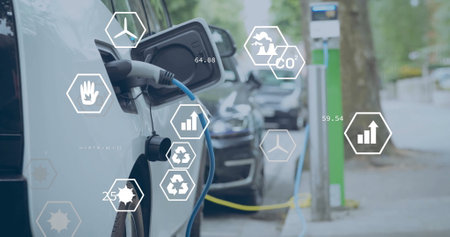 Image of ecology icons and data over electric car charging at port. Transport, digital interface,...