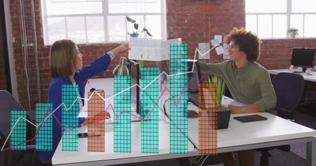 Image of data processing over diverse business people in office. Global finance, business,...