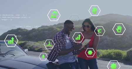 Image of ecology icons and data over happy diverse couple by car on road trip. Transport, vacations,...