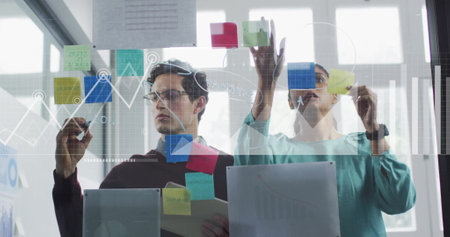 Image of data processing over diverse business people in office. Global finance, business,...