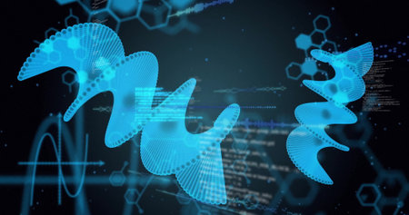 Image of digital data processing and dna strands on black background. Global science, research, connections, computing and data processing concept digitally generated image.の写真素材