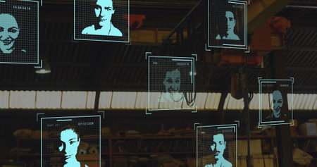 Image of biometric photos data processing over warehouse. Global shipping, finance, business,...