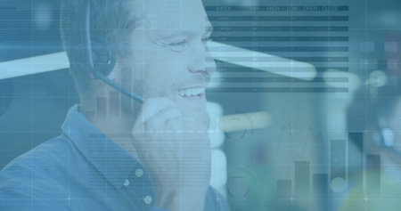 Image of financial data processing over caucasian businessman in office. Global finance, business,...