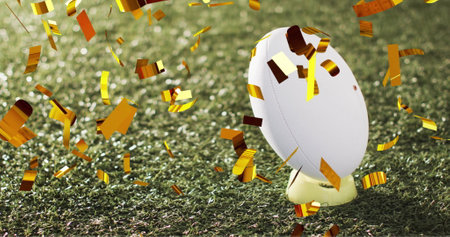 Image of confetti over white rugby ball on grass. Rugby, sports, competition and celebration concept digitally generated image.の写真素材
