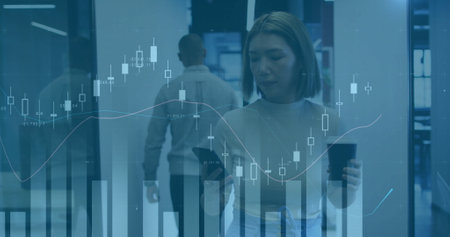 Image of financial data processing over caucasian businesswoman in office. Global finance, business,...
