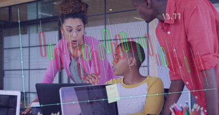 Image of data processing over diverse business people in office. Global business, finances and...