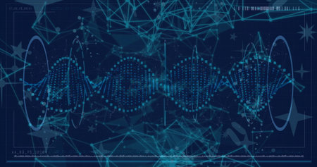DNA strand and network connections, scientific data processing. Biotechnology, genetics,...