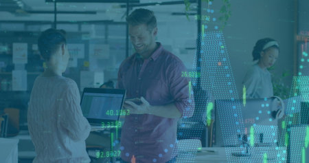 Image of financial data processing over diverse business people in office. Global finance, business,...