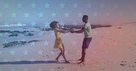 African American couple holding hands on a beach. They are surrounded by a whimsical overlay of...