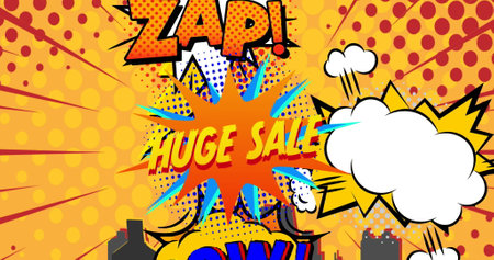 Image of retro huge sale text on orange speech bubble monkey face and red spots on yellow. vintage...