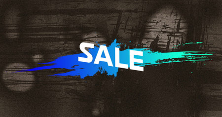 Image of huge sale text in white over blue to green paint splash on grey flickering background. vintage retail, savings and shopping concept digitally generated image.の写真素材
