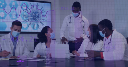 Image of diagrams and data processing over diverse doctors discussing work at meeting. Global...