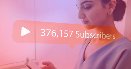 Holding smartphone, woman with 92,285 Subscribers image over her. Influencer, social media,...