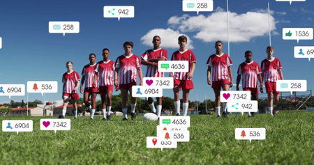 Image of icons and data processing over diverse rugby players. Global sports, competition, connections, computing and data processing concept digitally generated image.の写真素材