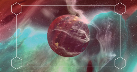 Image of white frame over planet on sky with stars. Space, planets and light concept digitally...