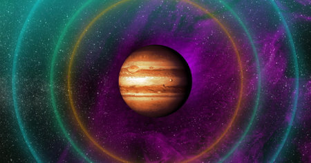 Image of colourful shapes over planet on sky with stars. Space, planets and light concept digitally...