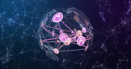 Image of network of connections with people icons over globe. Global finance, business, connections, computing and data processing concept digitally generated image.の写真素材