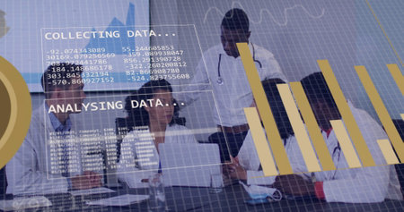 Image of diagrams and data processing over diverse doctors discussing work at meeting. Global medicine, teamwork and digital interface concept digitally generated image.の写真素材