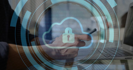 Image of cloud with padlock and scope scanning over caucasian man using smartphone. Global business, technology and digital interface concept digitally generated image.の写真素材