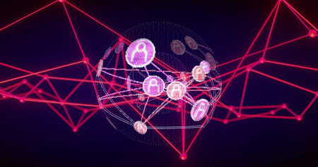 Image of network of connections with people icons over globe. Global finance, business, connections, computing and data processing concept digitally generated image.の写真素材