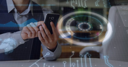 Image of data processing and scope scanning over caucasian man using smartphone. Global business,...