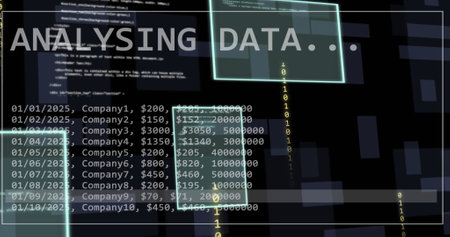Image of analysing data text and processing data on black background. Network, data, digital interface and global communication, digitally generated image.の写真素材