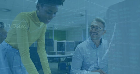 Image of financial data processing over diverse business people in office. Global finance, business,...