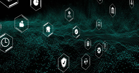 Image of digital business icons and data processing. Global finance, business, connections, computing and data processing concept digitally generated image.の写真素材