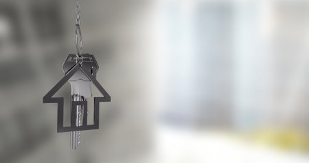 House-shaped keychain image over blurred background. architecture, real estate, home, decor, property, objectsの写真素材