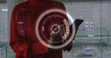 Image of data processing and scope scanning over biracial woman using smartphone. Global business, technology and digital interface concept digitally generated image.の写真素材