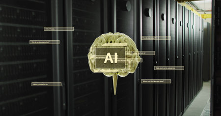 Image of ai text, brain and data processing over computer servers. Global artificial intelligence, connections, computing and data processing concept digitally generated image.の写真素材