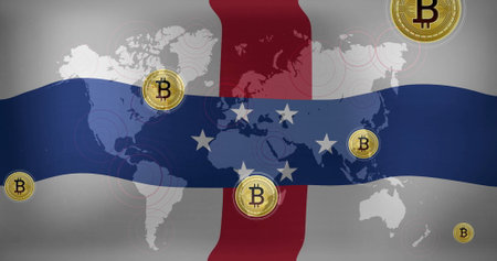 Bitcoin symbols image over world map and flag of Netherlands Antilles. Cryptocurrency, blockchain, finance, global, digital currency, economyの写真素材